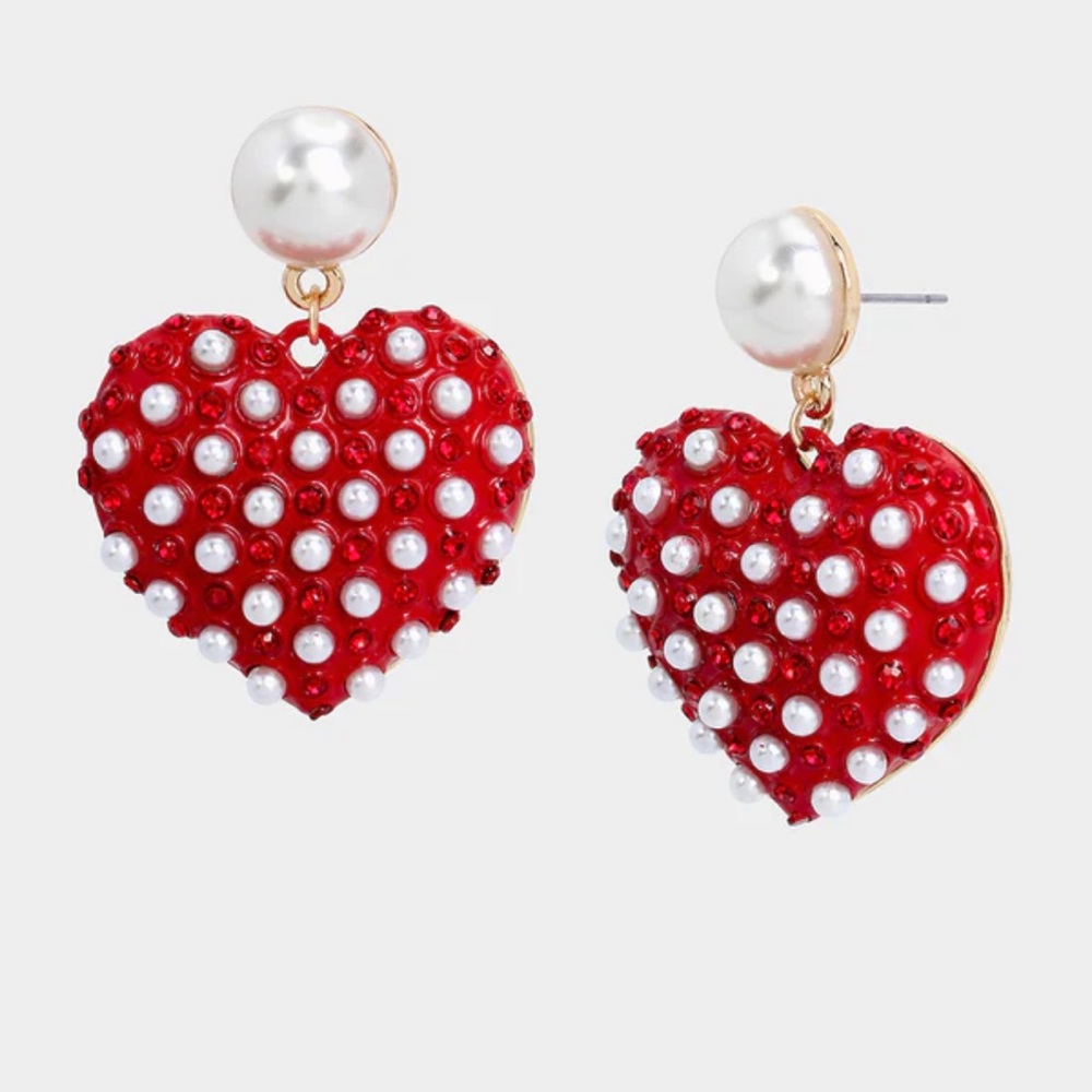 NWT Betsey Johnson Red Heart with Faux Pearl Rhinestone Earrings!